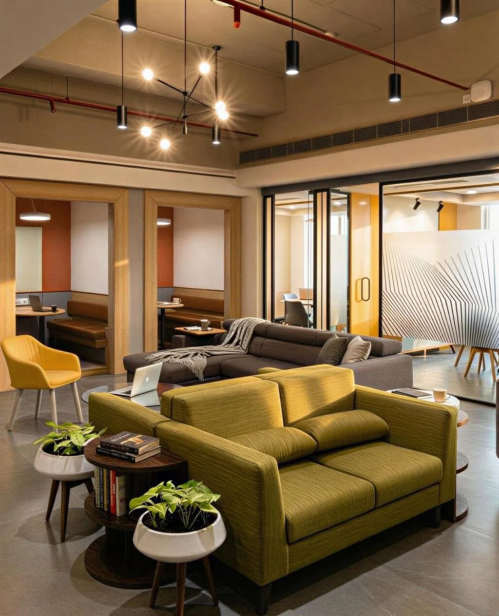 Modern, stylish lounge area with yellow and gray sofas, side tables with books and plants, and a mix of ambient and spotlight lighting in the background.