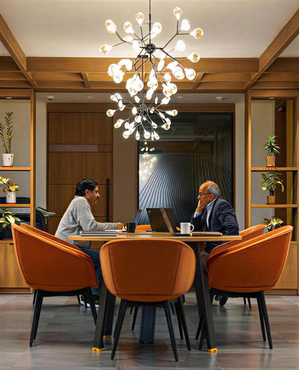 Two men are sitting at a round conference table, each with a laptop in front of them, in a modern office setting. One man is younger, wearing a grey sweater, and the older man is in a suit, resting his head on his hand. The room has wooden walls, a l