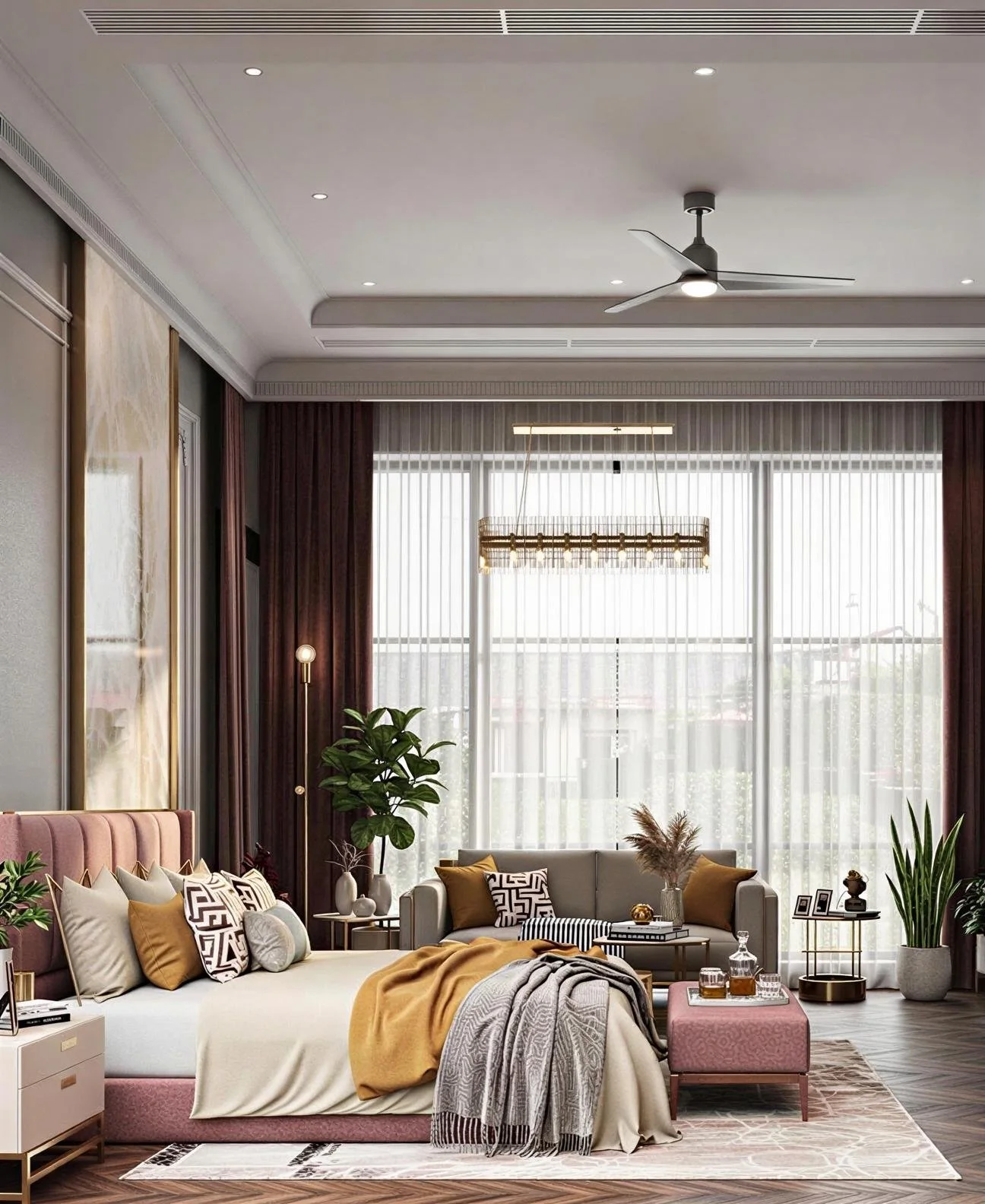 Luxurious bedroom with modern white walls, tall windows with sheer curtains, a large bed with multiple pillows, a beige upholstered headboard, and a cozy throw blanket. A sitting area with a sofa, side tables, and decorative plants, elegant chandelie
