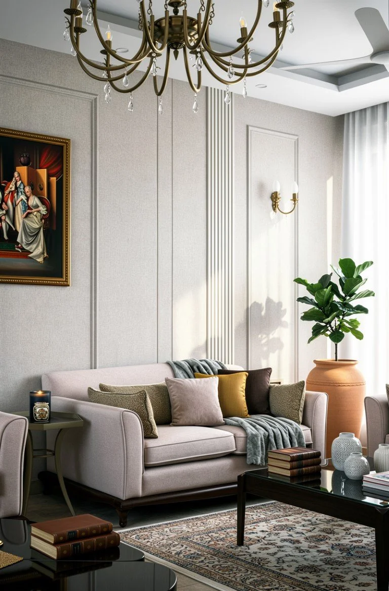 Elegant living room with beige couch, multiple pillows, a large potted plant, paintings, books, and a chandelier.
