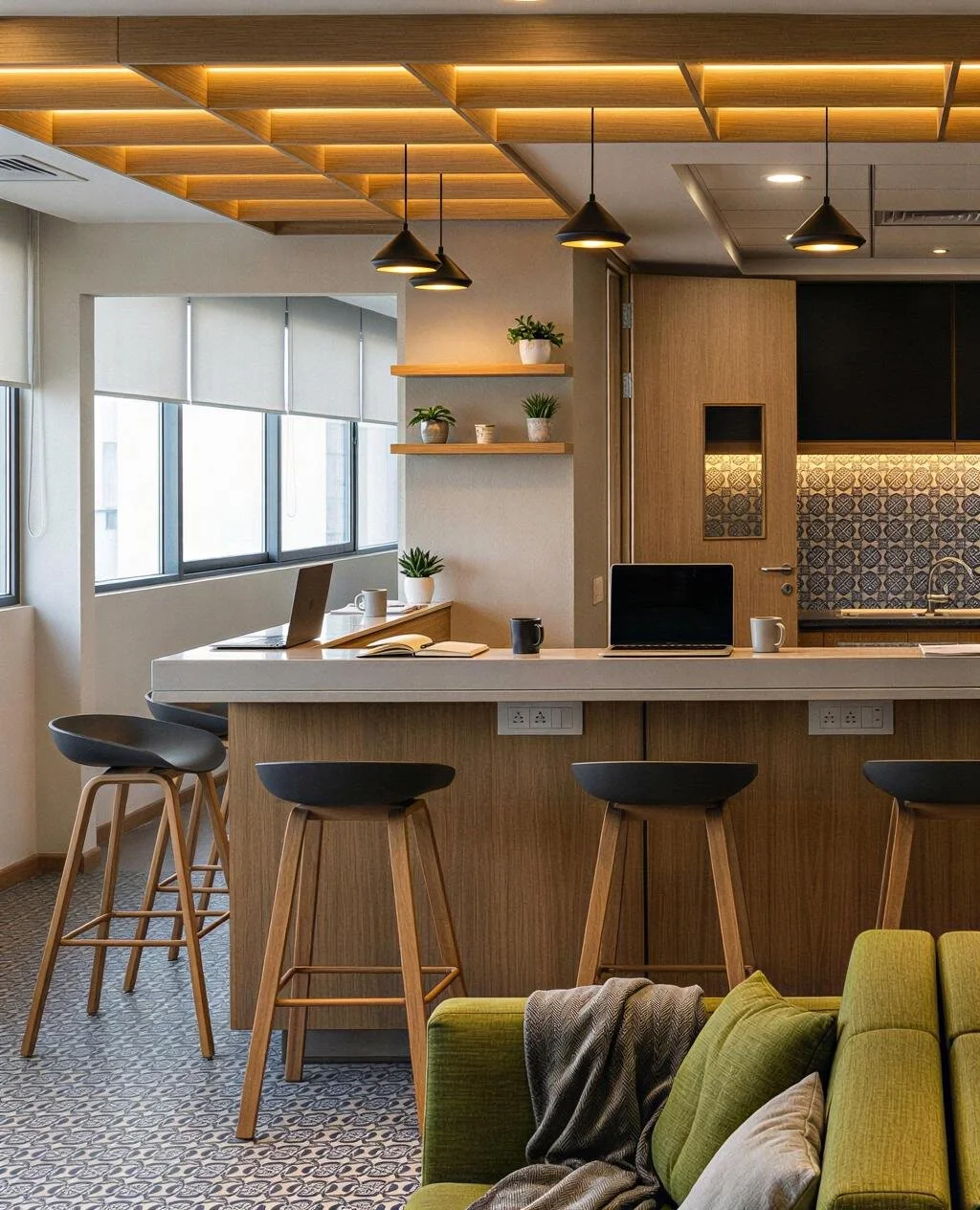 Modern kitchen with wooden cabinets, a kitchen island with bar stools, black pendant lights, a laptop, notebooks, coffee mugs, and decorative plants on shelves.