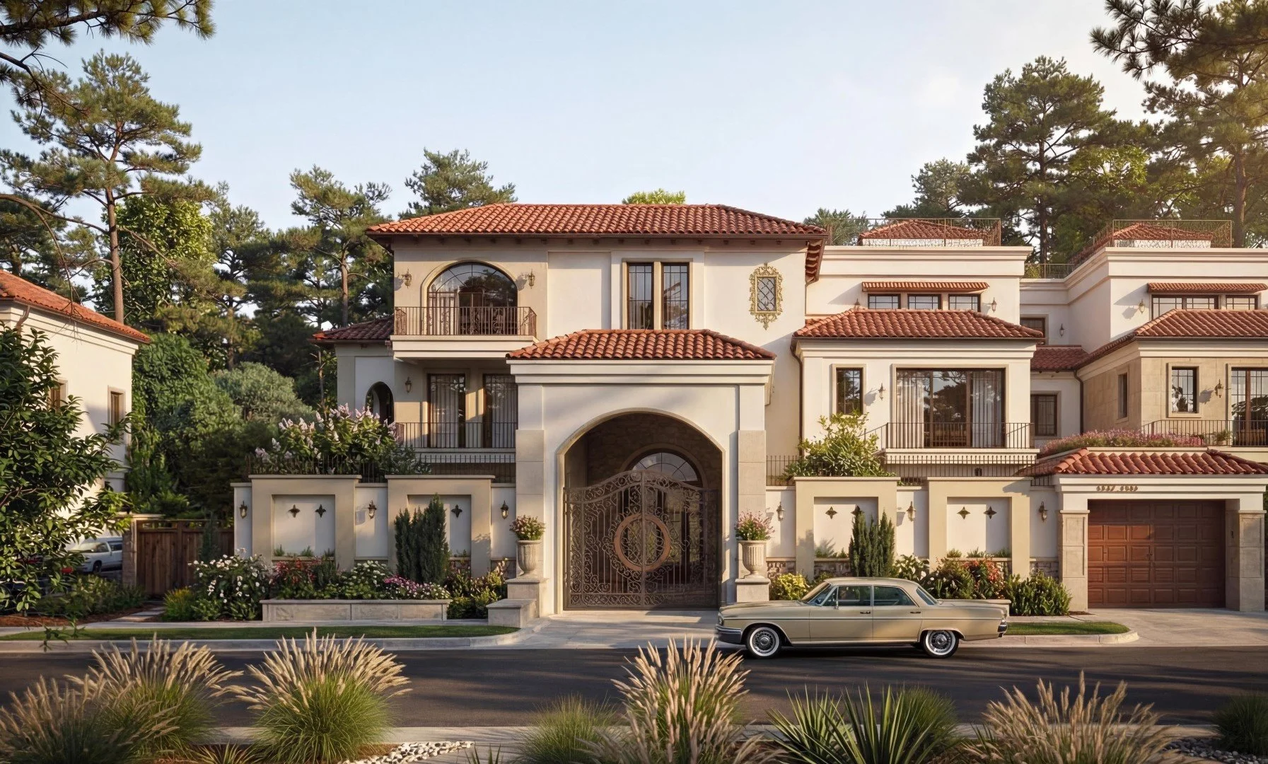 A large luxury house with Spanish-style architecture featuring white stucco walls and red tiled roofs. There is a gated entrance with a vintage car parked in front. The house has multiple balconies and windows, surrounded by trees and landscaped gardens.