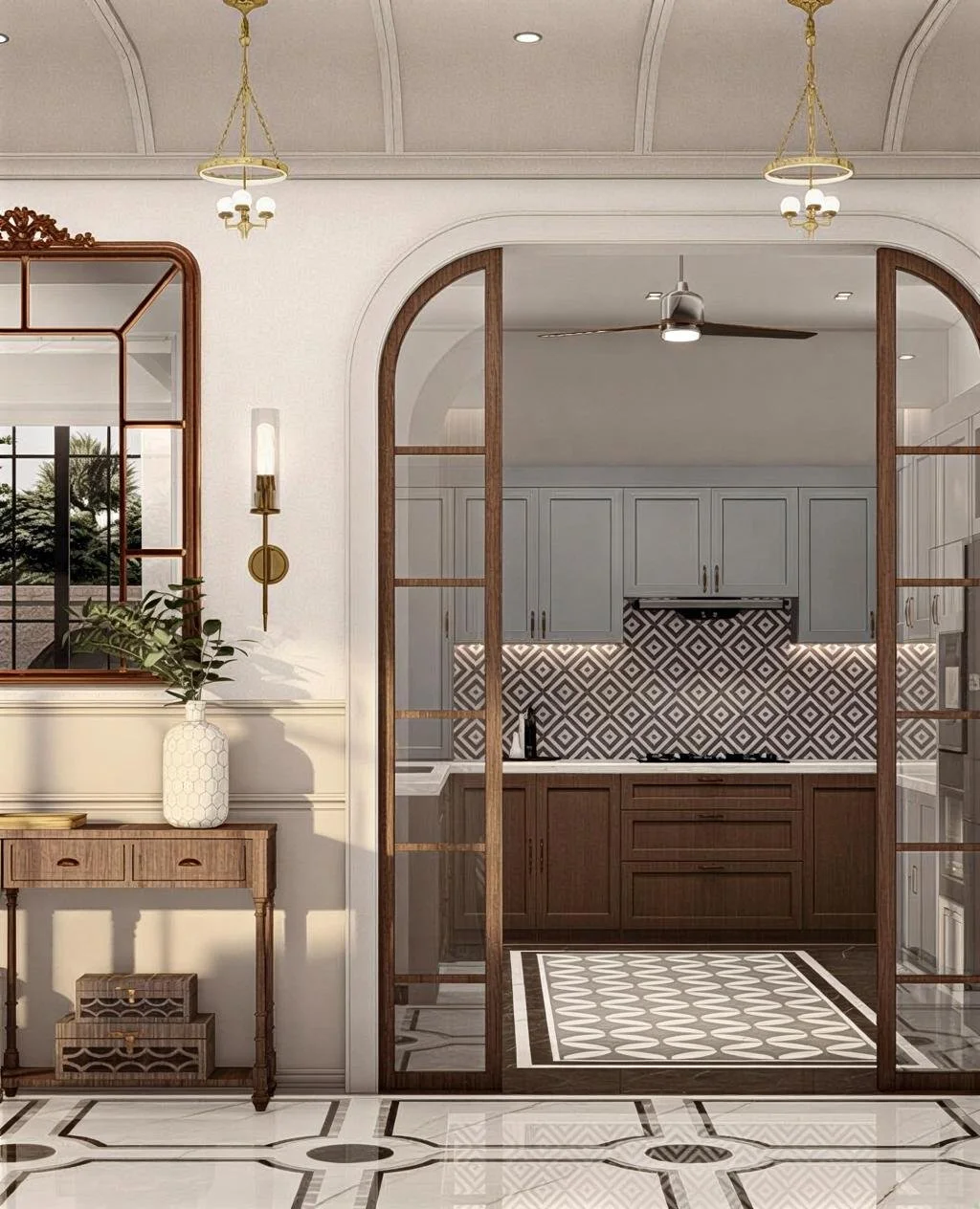 A view into a modern kitchen through a wooden and glass arched doorway. The kitchen has light gray cabinets, a patterned tile backsplash, and a black countertop. The ceiling features a white ceiling fan, and the adjacent room has ornate light fixture