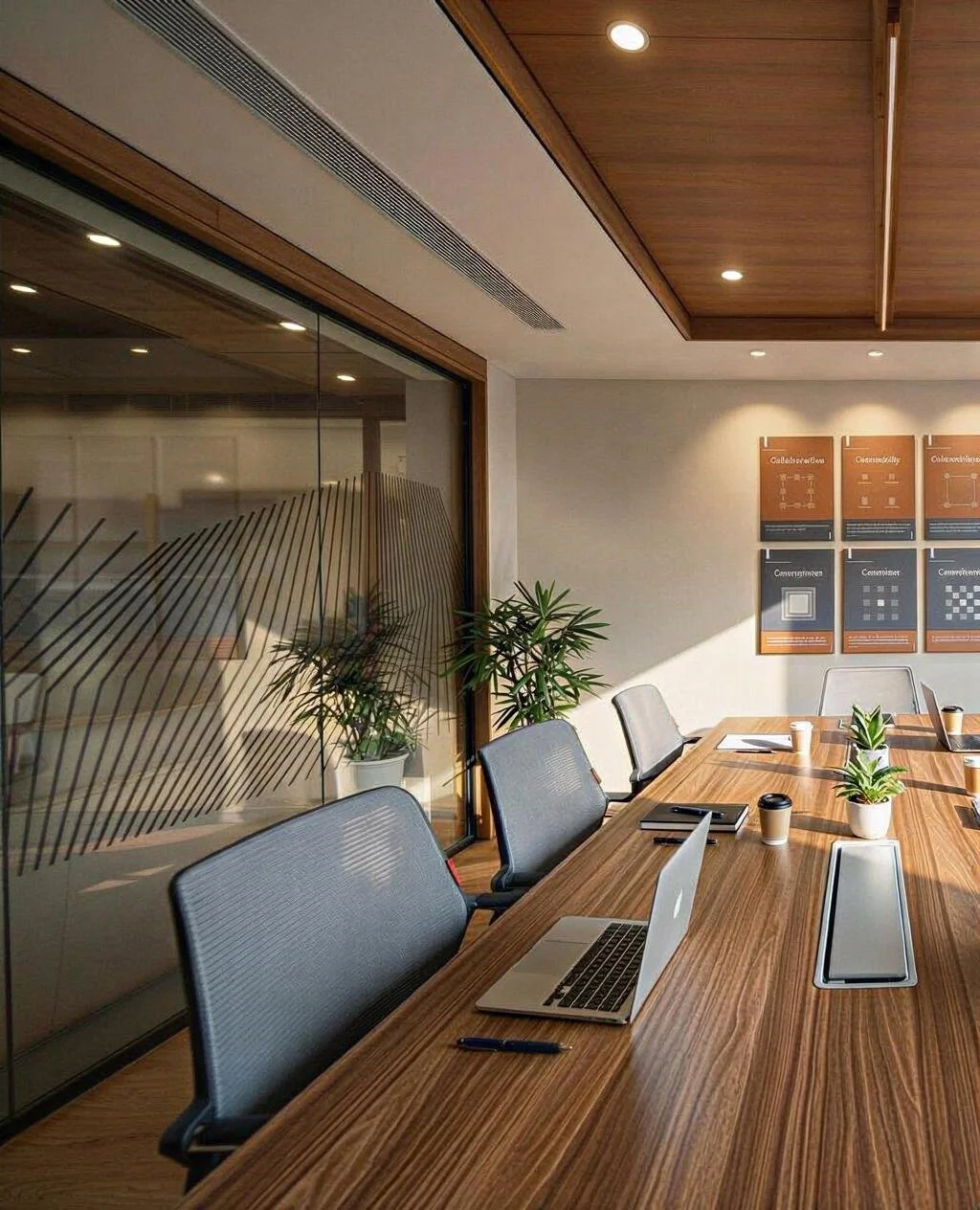 A modern conference room with a long wooden table, gray chairs, potted plants, notebooks, coffee cups, and a laptop. Wall art features product diagrams, and there's a glass wall with a striped pattern.
