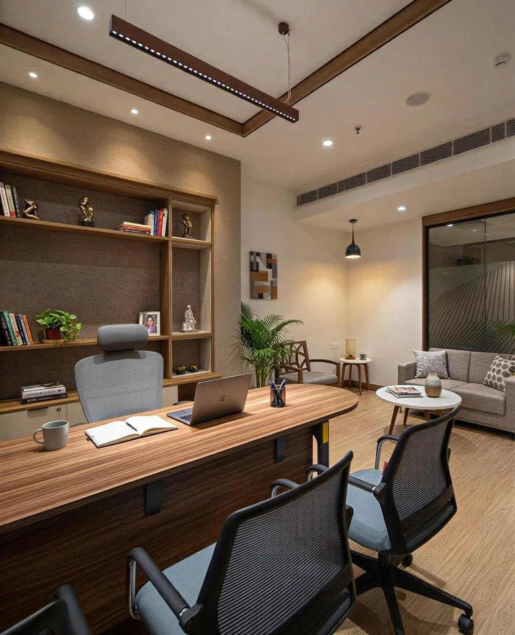 Modern office with a wooden desk, several chairs, a bookshelf with decorations, a gray sofa, a small round table, and indoor plants.