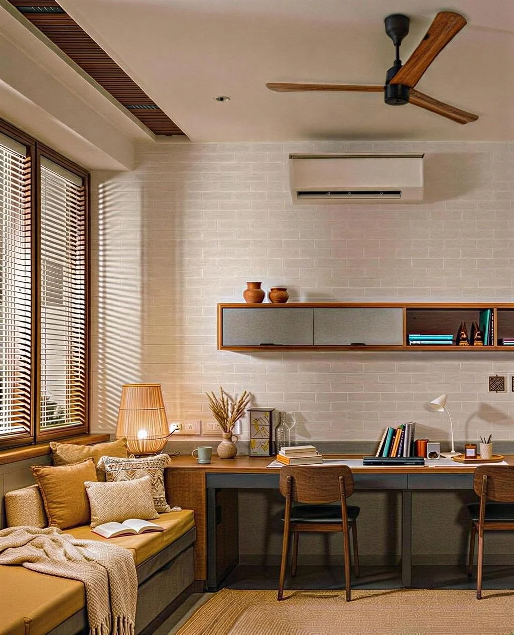 A cozy workspace with a desk, bookshelf, and a sitting area in a well-lit room. The room has wooden accents, a ceiling fan, and beige walls.