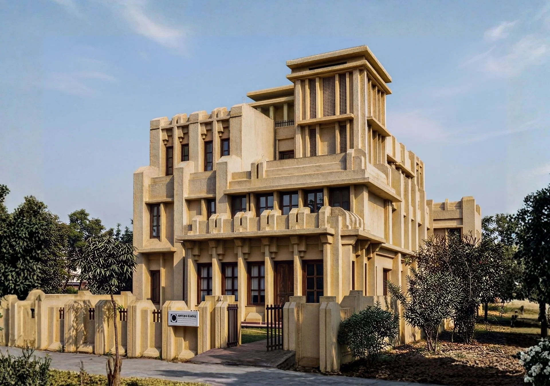 A multi-story modern building with a beige, angular architectural design, surrounded by trees and a fence at the entrance, under a blue sky.