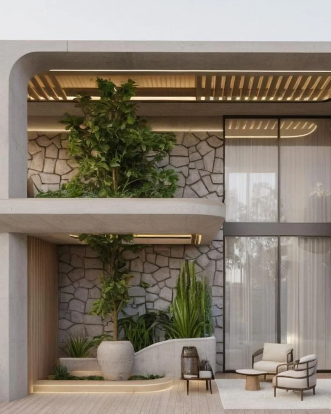 Modern building exterior with large glass windows, stone wall, indoor plant and outdoor lounge furniture.