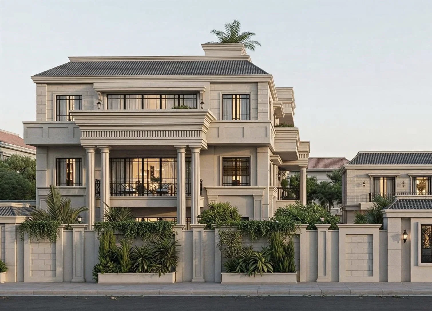 A large, luxurious three-story house with a stone exterior, columns at the entrance, and a balcony. The house is surrounded by a stone wall with greenery and plants. There are three people walking on the sidewalk in front of the house, and trees are visible on the sides.