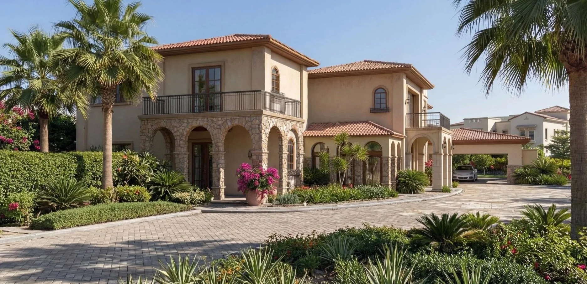 A large two-story house with a beige exterior, red tile roof, and arched windows, featuring a balcony on the second floor and a paved driveway with a white convertible car parked underneath a carport. There are green bushes and trees in the front yard, with a cloudy sky in the background.