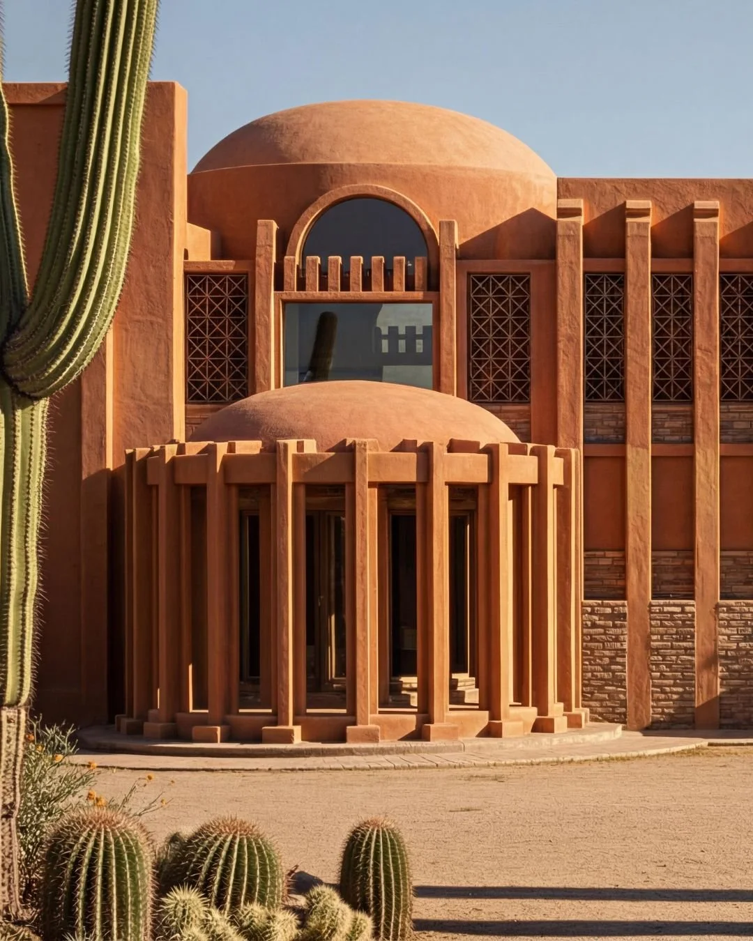 A modern building with a desert-style design, featuring rounded domes, vertical wooden slats, and terracotta-colored walls, with cacti in the foreground.