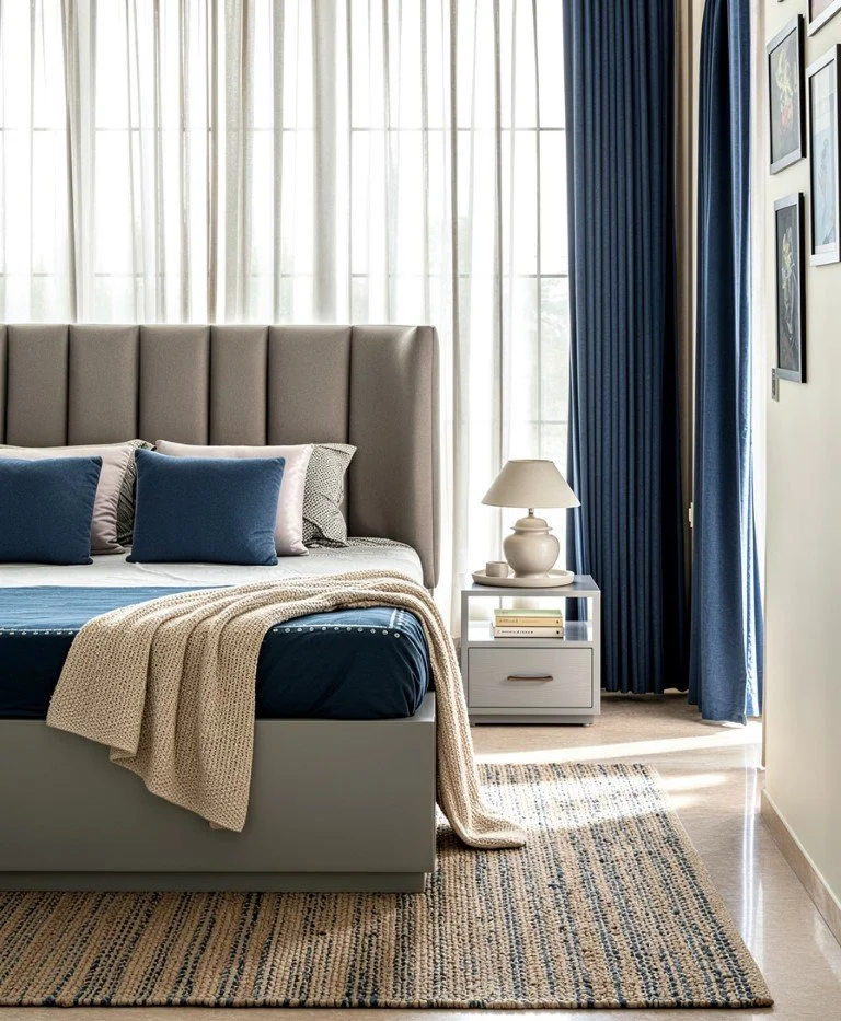 A bedroom with a beige upholstered headboard, blue bedsheets, and matching blue pillows. There is a beige throw blanket on the bed. A white nightstand with a table lamp, books, and a small bowl is beside the bed. The room has sheer white curtains and