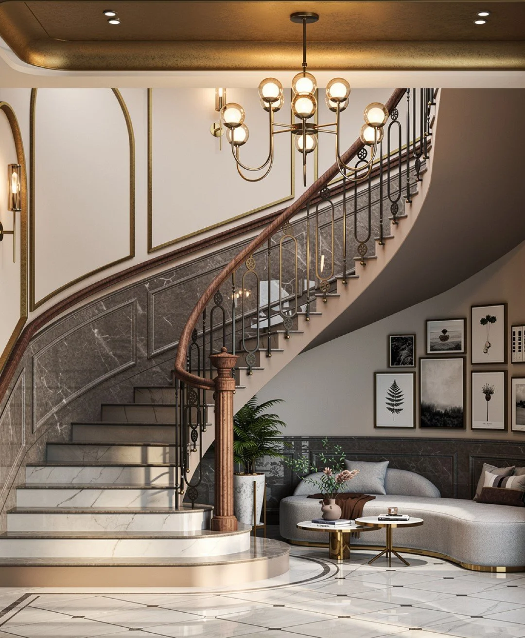 Luxury interior with a grand staircase, chandelier, wall art, and cozy seating area.