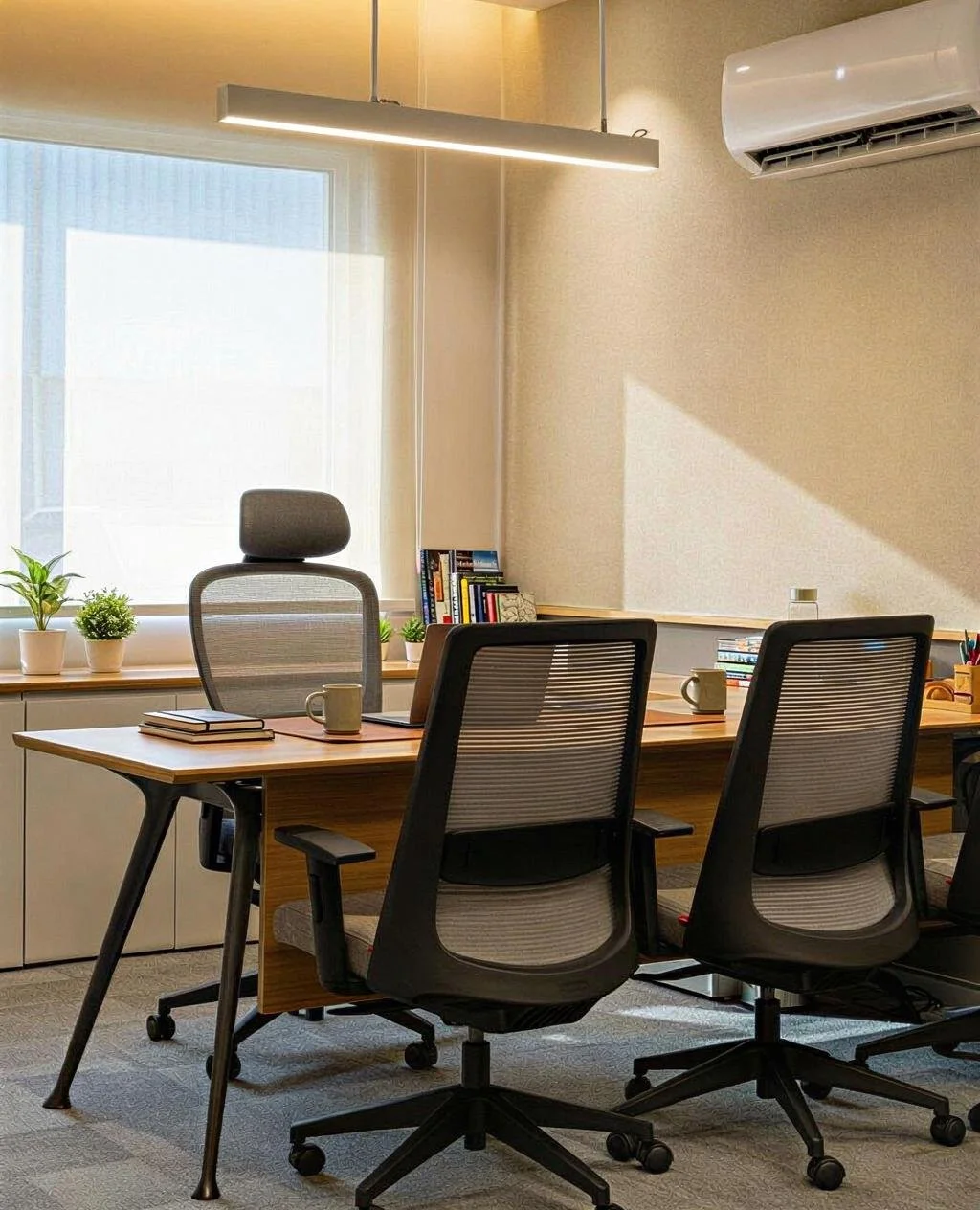 An empty office conference room with a wooden table, three ergonomic chairs, potted plants on the windowsill, books, coffee mugs, notebooks, and an air conditioning unit on the wall.