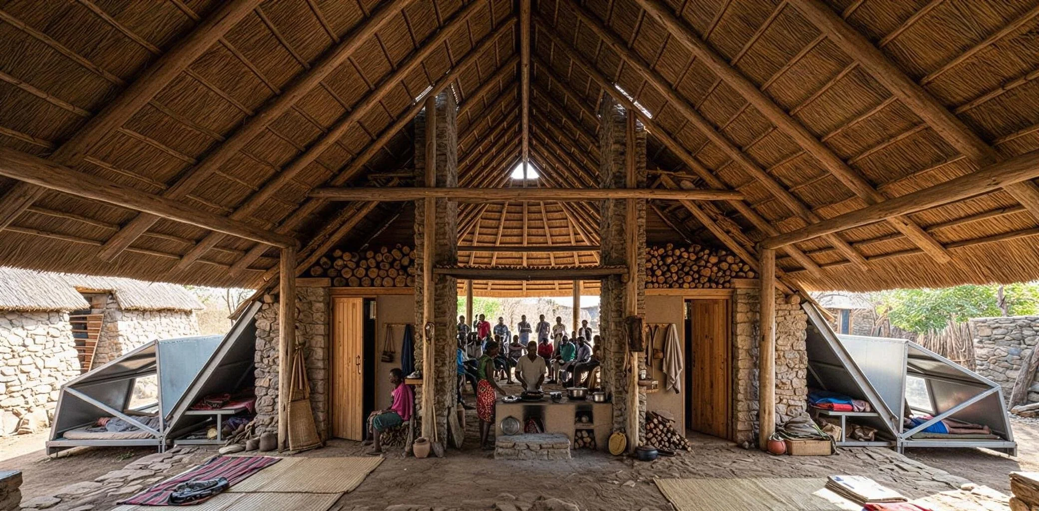 Interior of a traditional thatched-roof building with people inside, stone walls, wooden doors, and an open central area with people gathered.