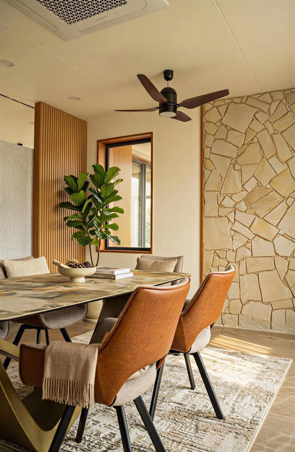 A modern dining room with a marble dining table surrounded by pattered and upholstered chairs, a large potted plant on the table, a textured stone wall on the right, a window with wooden trim, a ceiling fan, and a beige and patterned rug on the floor