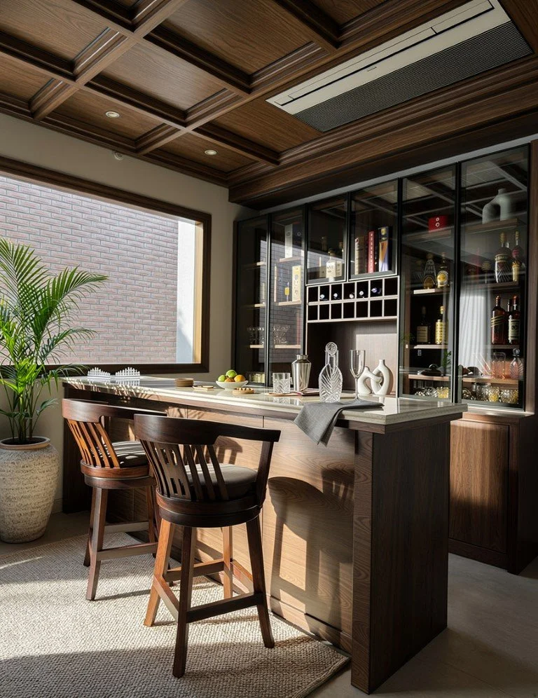 A modern bar area with a wooden countertop, bar stools, a display cabinet with bottles and decorative items, a potted plant, and a large window allowing natural light to illuminate the space.