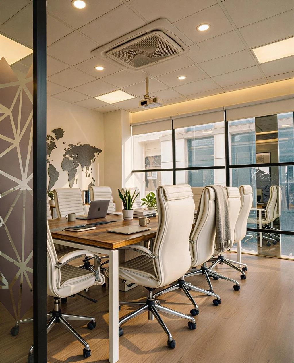 Modern office conference room with a wooden table, white leather chairs, a world map on the wall, and large windows with city views.