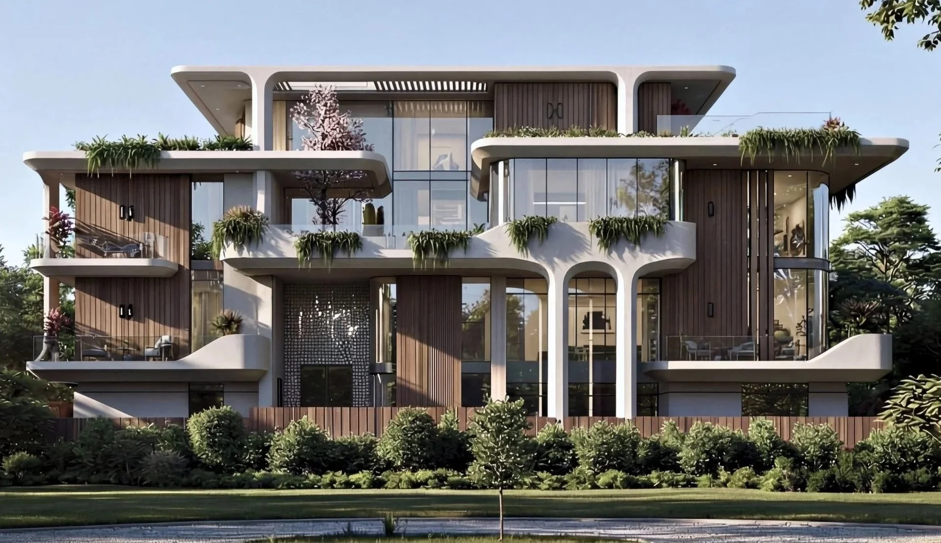 Modern multi-story house with large glass windows, curved balconies, wooden panels, greenery on balconies, and surrounding trees and shrubs.