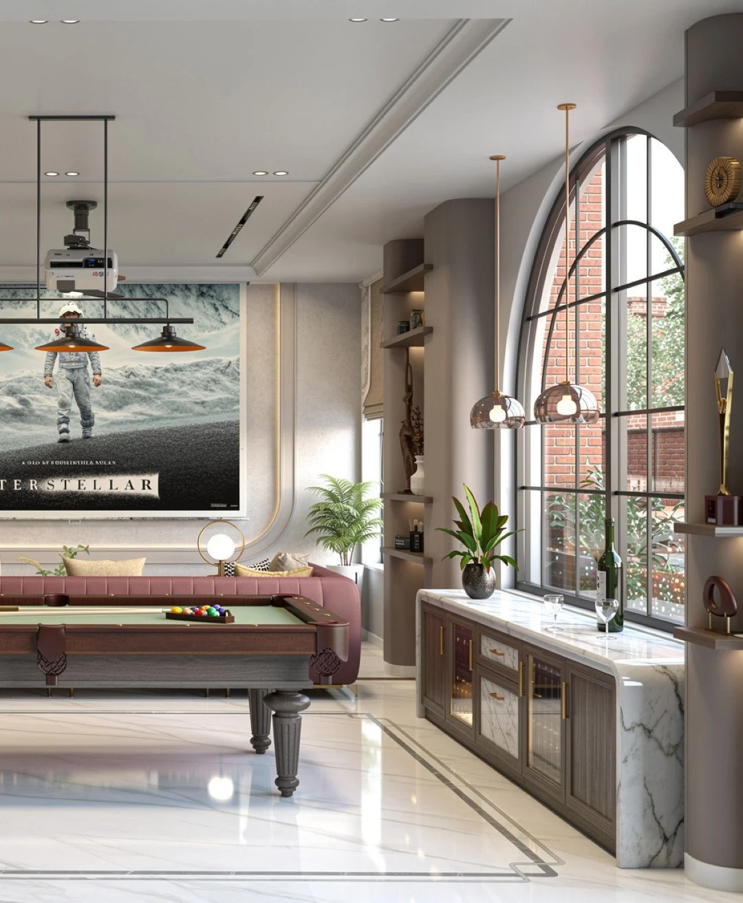 Modern living room with a pool table, large arched window, plants, and a flat screen TV displaying an astronaut on the lunar surface.