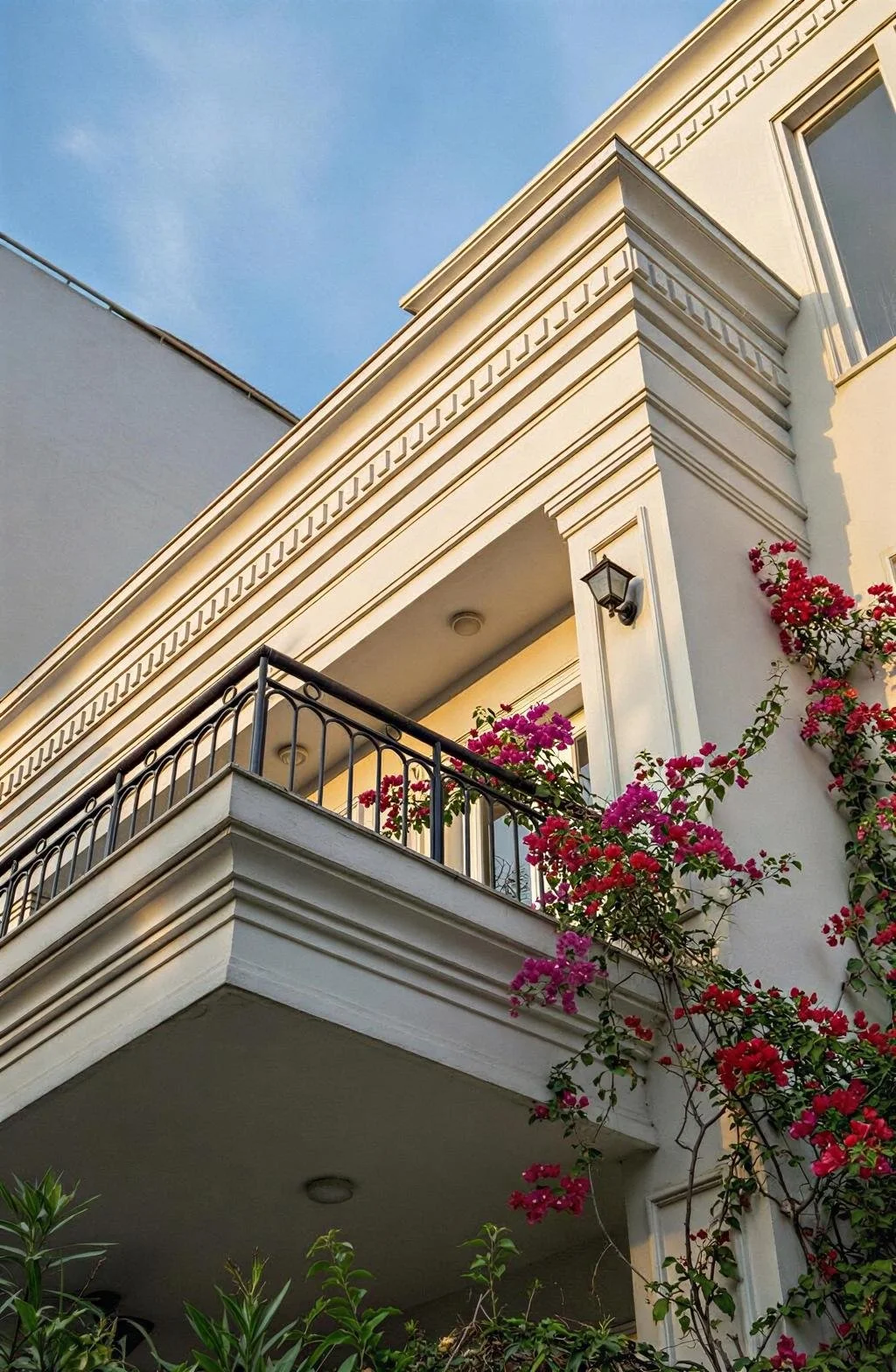 A cream-colored building with decorative molding, a balcony with black railing, pink and red flowers growing on the side, and a blue sky in the background.