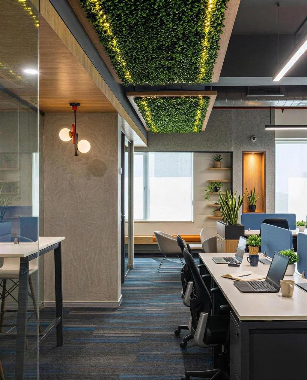 Modern office space with plants on the ceiling, desks with laptops, notebooks, and cups, and wall shelves decorated with potted plants and books.