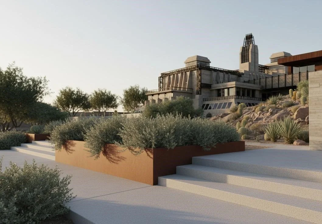 A modern outdoor patio with white steps leading to raised planters filled with bushes, desert plants, and cacti, with a contemporary building and trees in the background under a clear sky.