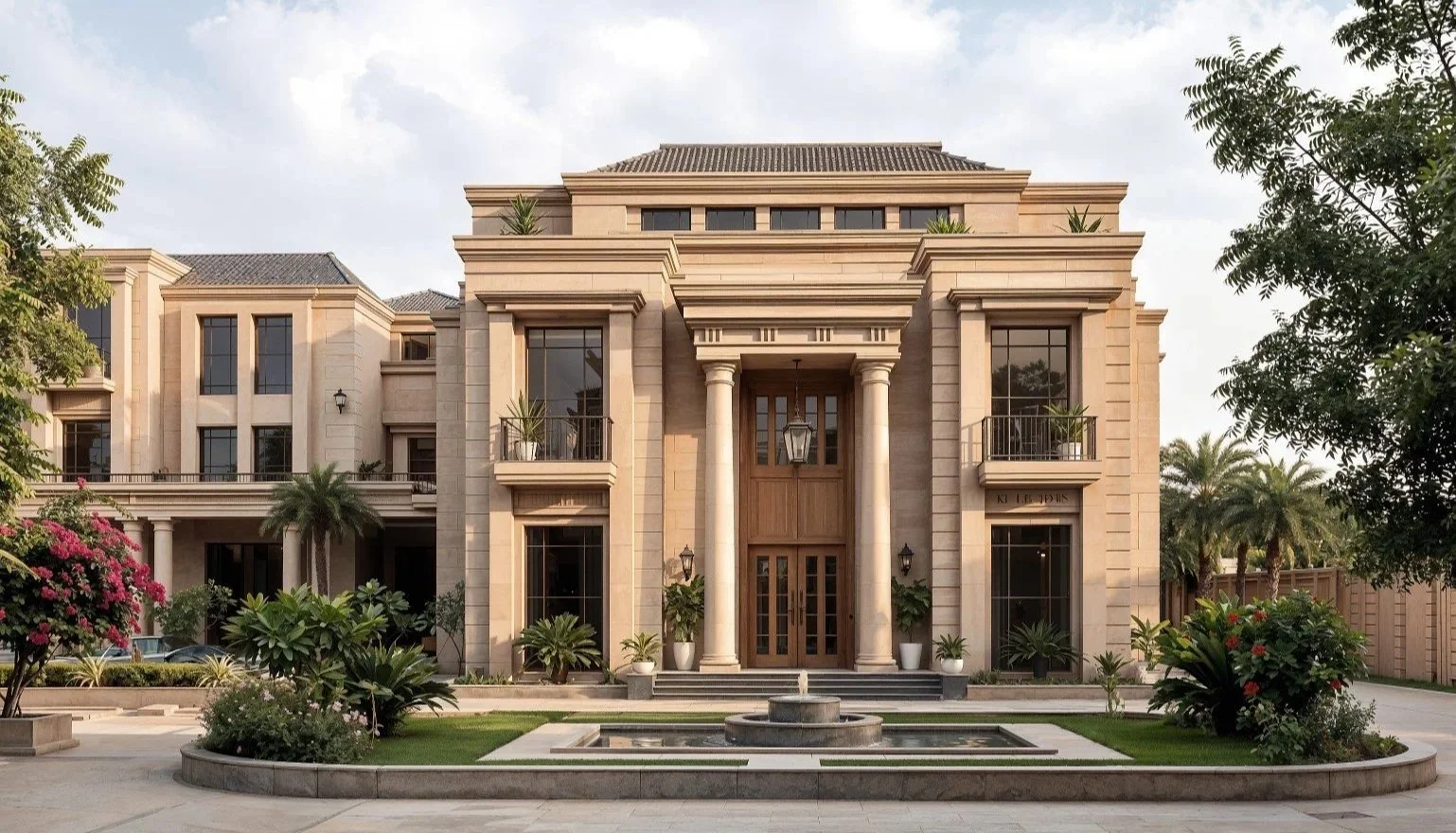 Luxury mansion with grand entrance and landscaped garden with fountain