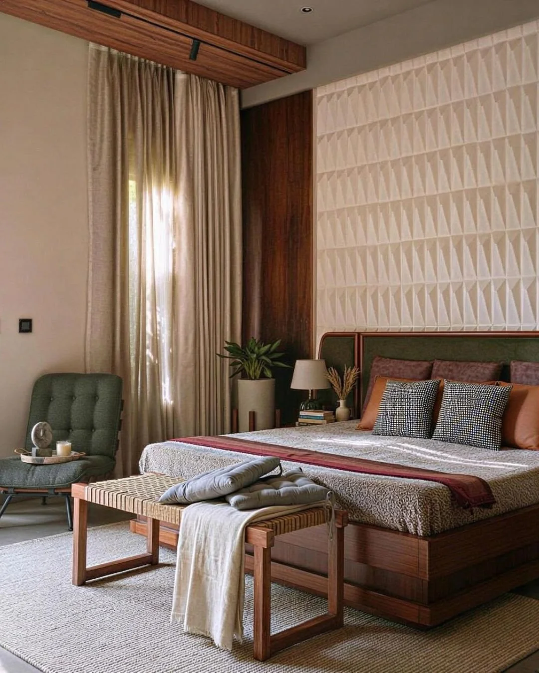 A bedroom with a bed, decorative pillows, a bedside table with a lamp and books, a green upholstered armchair with a tray of candles, a large window with beige curtains, a potted plant, a bench with cushions and a blanket, a textured beige wall, and 