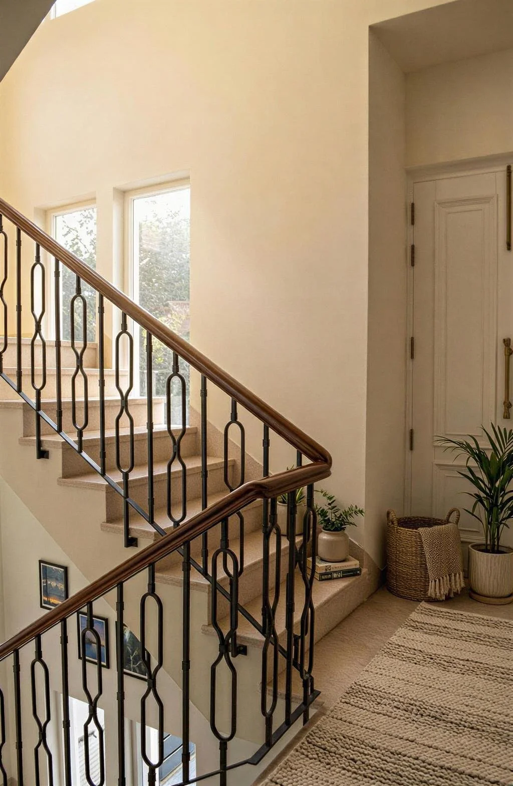 Interior view of a staircase with a wooden handrail, beige carpet, large windows, and decorative plants near a white door.