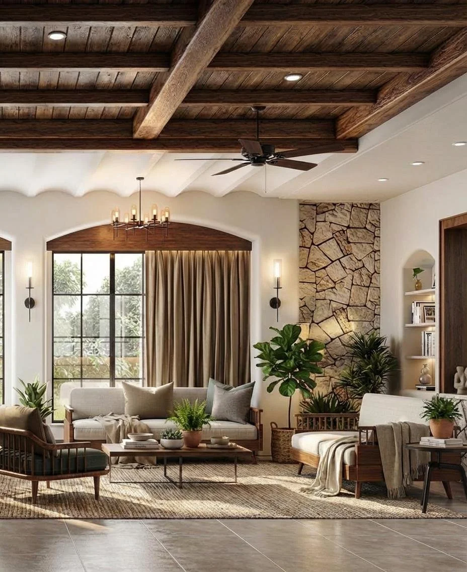 A cozy living room with large windows, a white sofa, mid-century modern chairs, potted plants, a stone accent wall, and warm lighting. The ceiling features wooden beams and a ceiling fan.