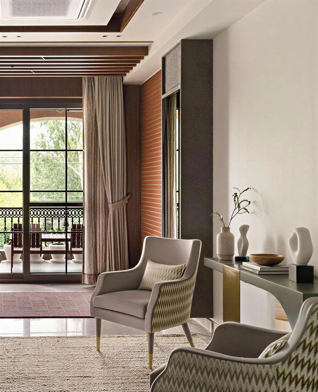 A living room with beige armchairs, decorative vases, a wooden bowl, and a side table, with large glass doors opening to a balcony with outdoor seating and greenery outside.
