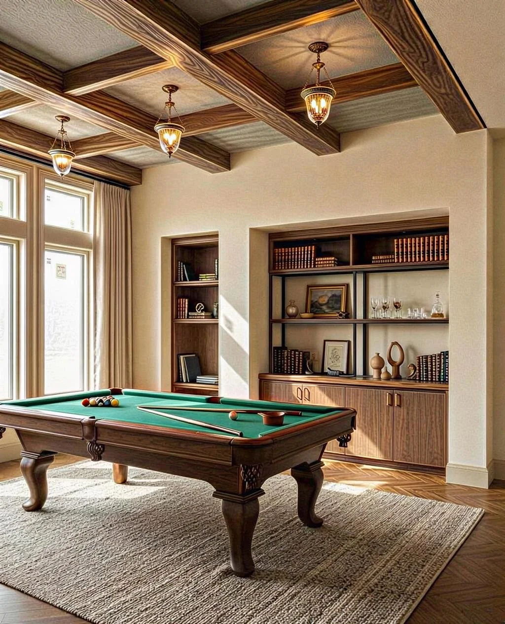 A game room with a wooden pool table on a beige rug, large windows with curtains, built-in wooden bookshelves, and vintage-style ceiling lights.