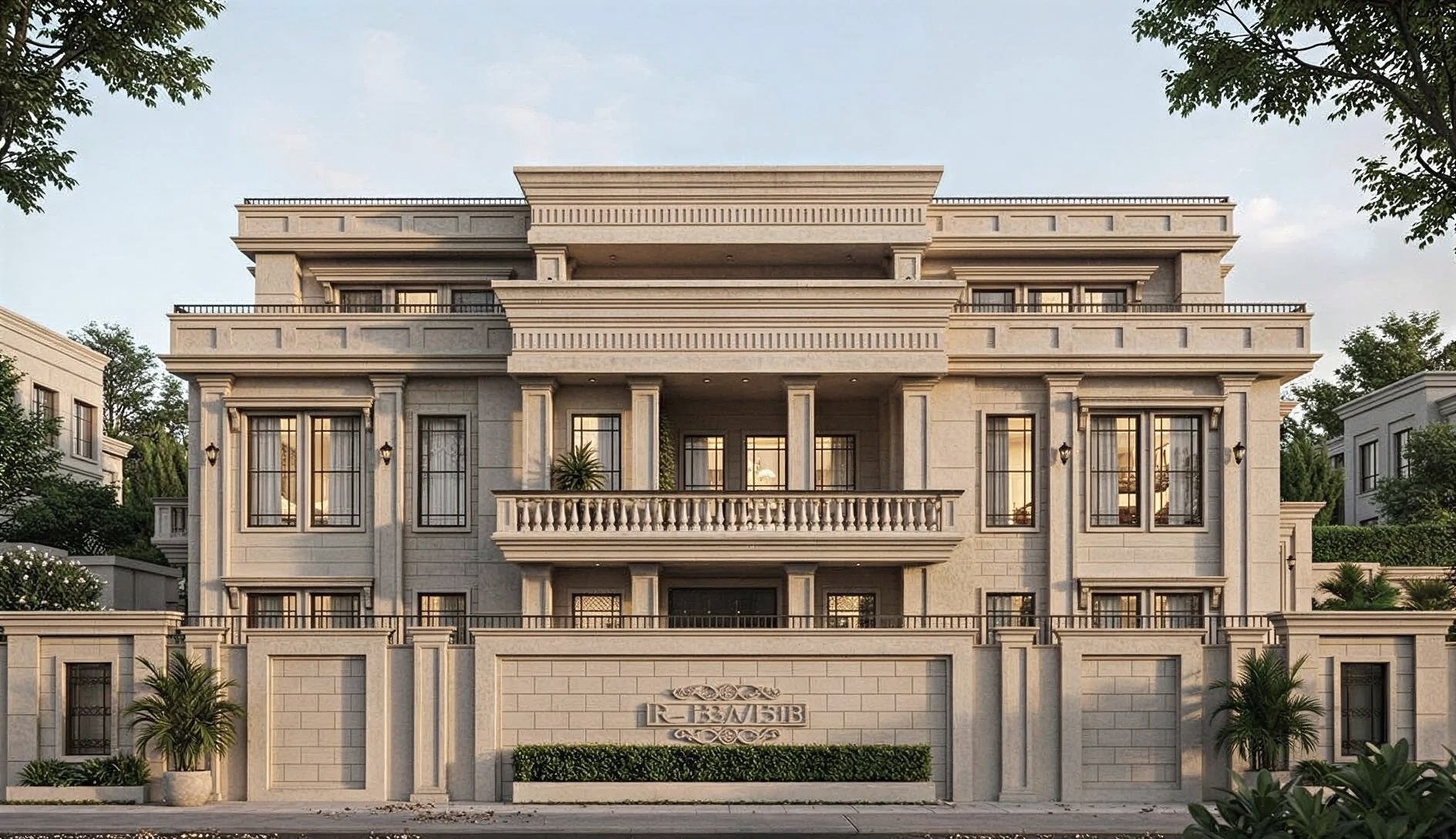 A grand multi-story mansion with beige stone exterior, multiple large windows, balconies with balustrades, and a gated entrance with stone pillars and greenery.