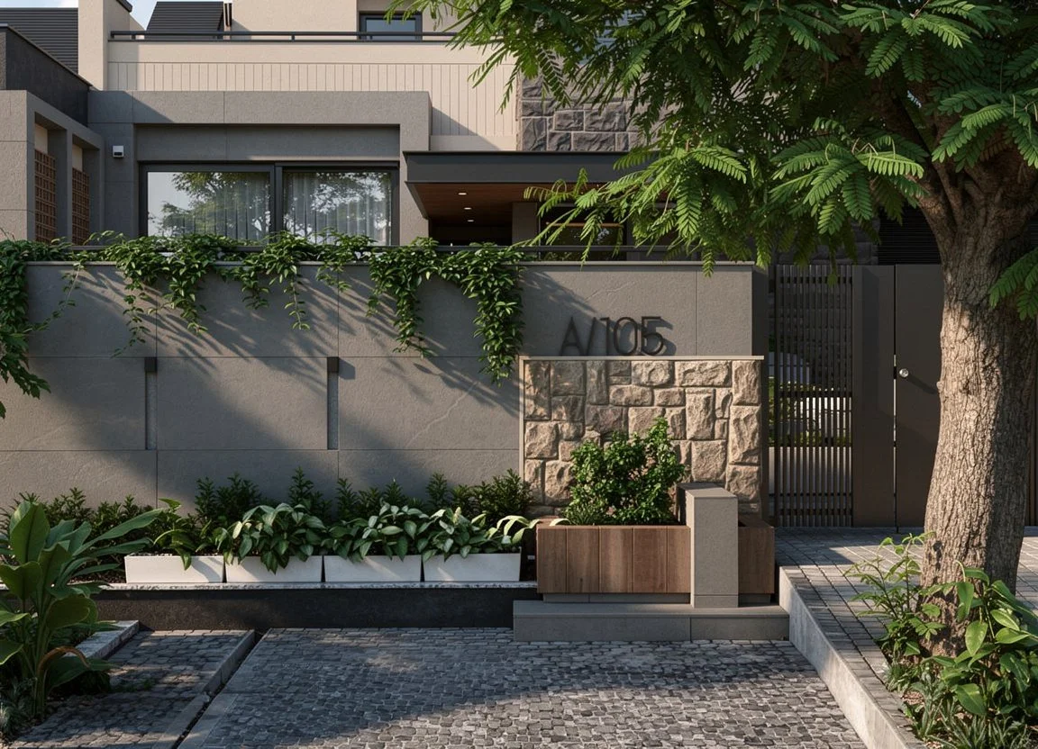 Modern residential building entrance with concrete wall, decorative stone, lush greenery, and a large tree on the right.