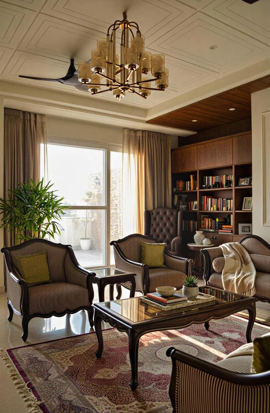 Living room with striped armchairs, coffee table, bookshelf, curtains, chandelier, and large window with sliding doors.
