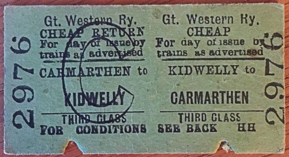 A GWR Child’s Third Class Return between Carmarthen and Kidwelly. Pre-1948 but otherwise undated.