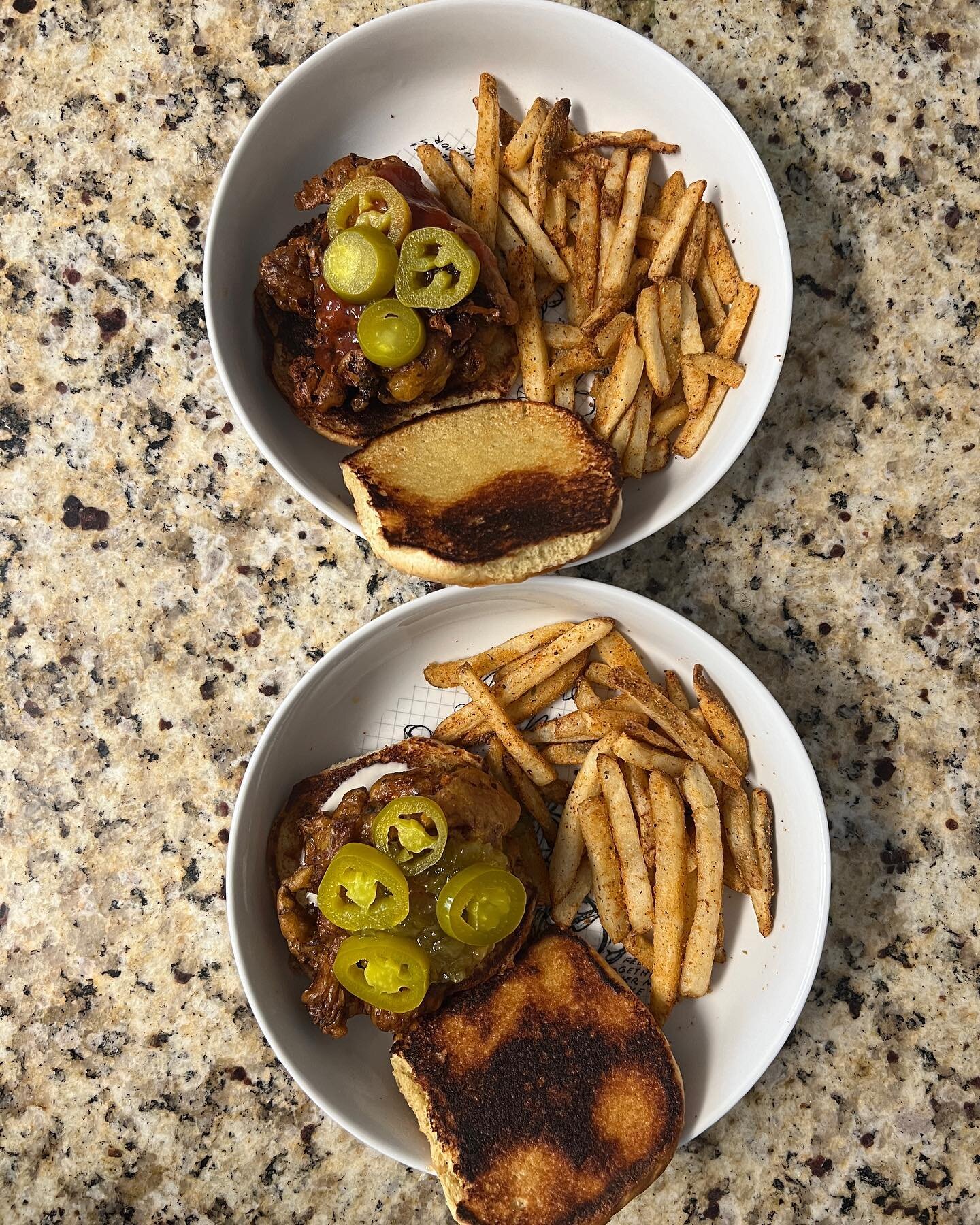 Hot agave oyster mushroom sandwich with seasoned fries

Joes way- Fried oyster mushroom with blue cheez, wicked relish, jalape&ntilde;os on a toasted bun!

@absolutelyaisha &lsquo;s way- Friend Oyster mushroom with habanero ketchup, hot agave and jal
