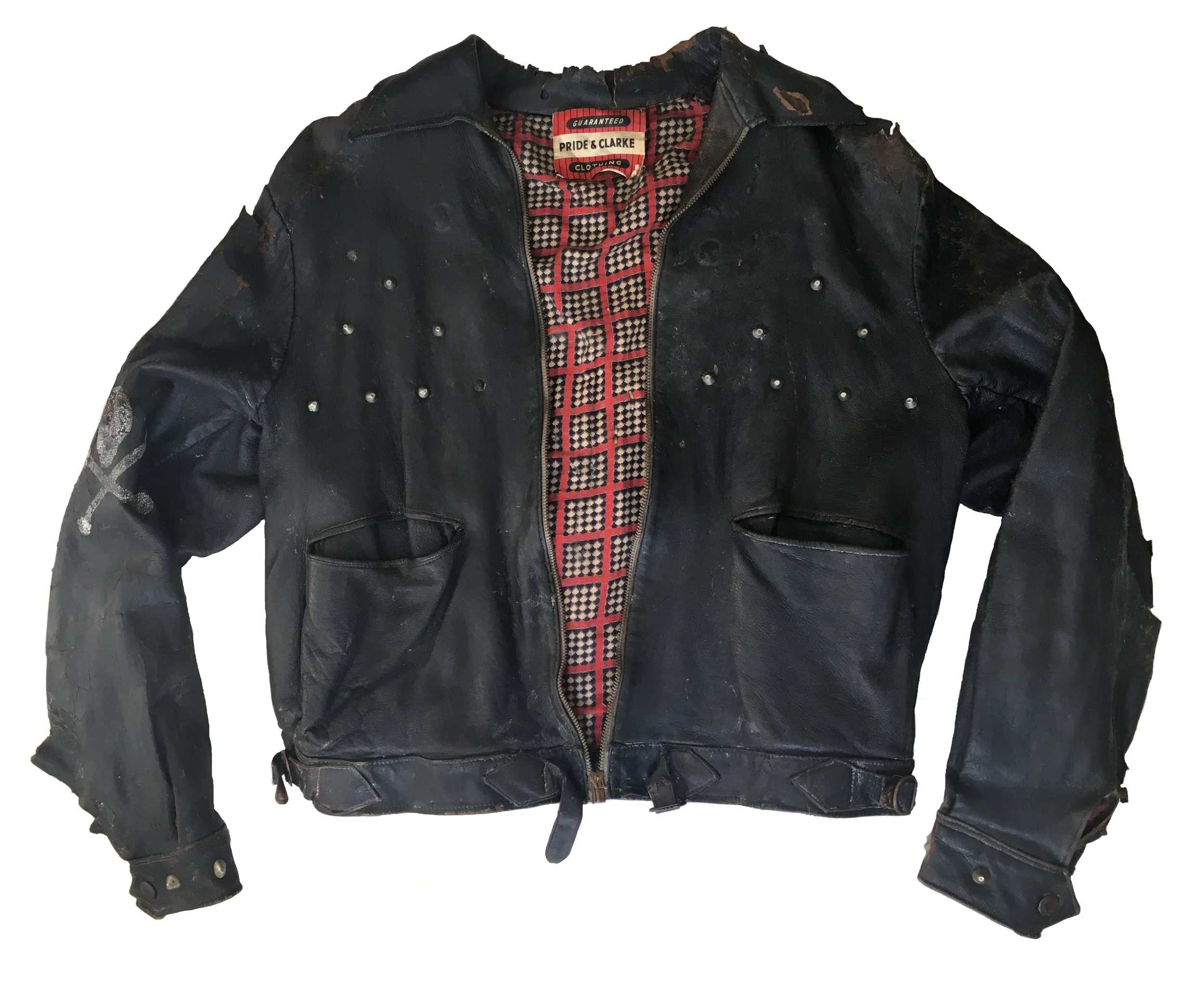  Pictured here is one of the rarest Pride &amp; Clarke garments we have in our archive. This 1940s leather jacket is lined with a cotton/ wool blend fabric, printed with a unique pattern in P&amp;C’s signature red, black and white colour way. The ori