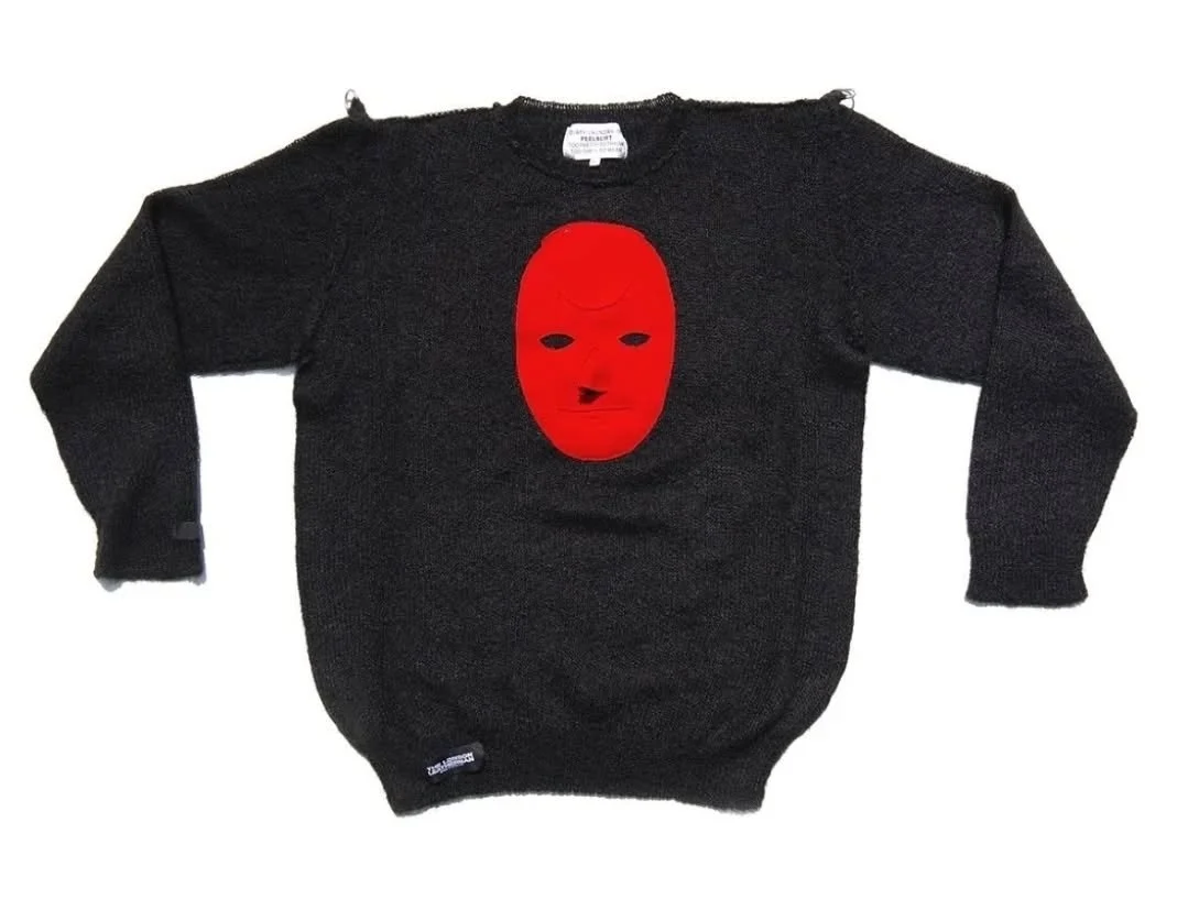 Inside-out black mohair jumper with red applique of the LW19 Soft Lip Head Mask. A PEEL&LIFT x The London Leatherman collaboration garment, available September 20th -23rd at the PEEL&LIFT Shinjuku POP UP vol.2 event at Shinjuku Marui Men