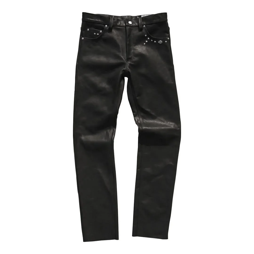 Black leather jean taken from the 1976 The London Leatherman pattern and produced in a premium wax cow hide leather for the perfect subtle shine reminiscent of the leathers worn by the original British punk rockers. 
Made in England, these jeans have