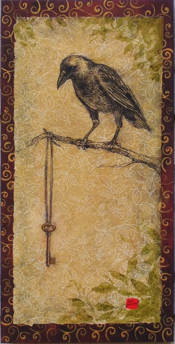 Crow & Key mixed media (wood panel, charcoal, watercolor, acrylic)