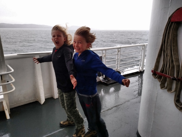 Rhys and Dylan on the ferry to Juneau - before they were blown over.