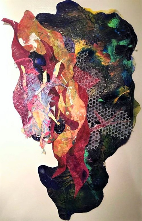 Garganta! (Throat!)- Acrylic, ink, salt, glitter and glue sculpture on paper, 23x20 inch, 2016
