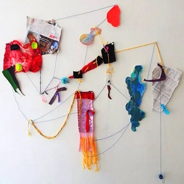 Mostly drama free! 2016 - Paper, fabric, acrylic paint, glitter, crayon pieces, paillette, tights, yarn, and pins.