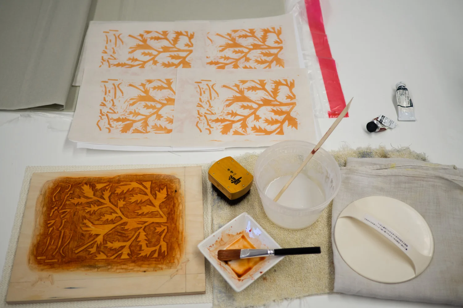 Pantea Karimi’s woodblock print and block setup