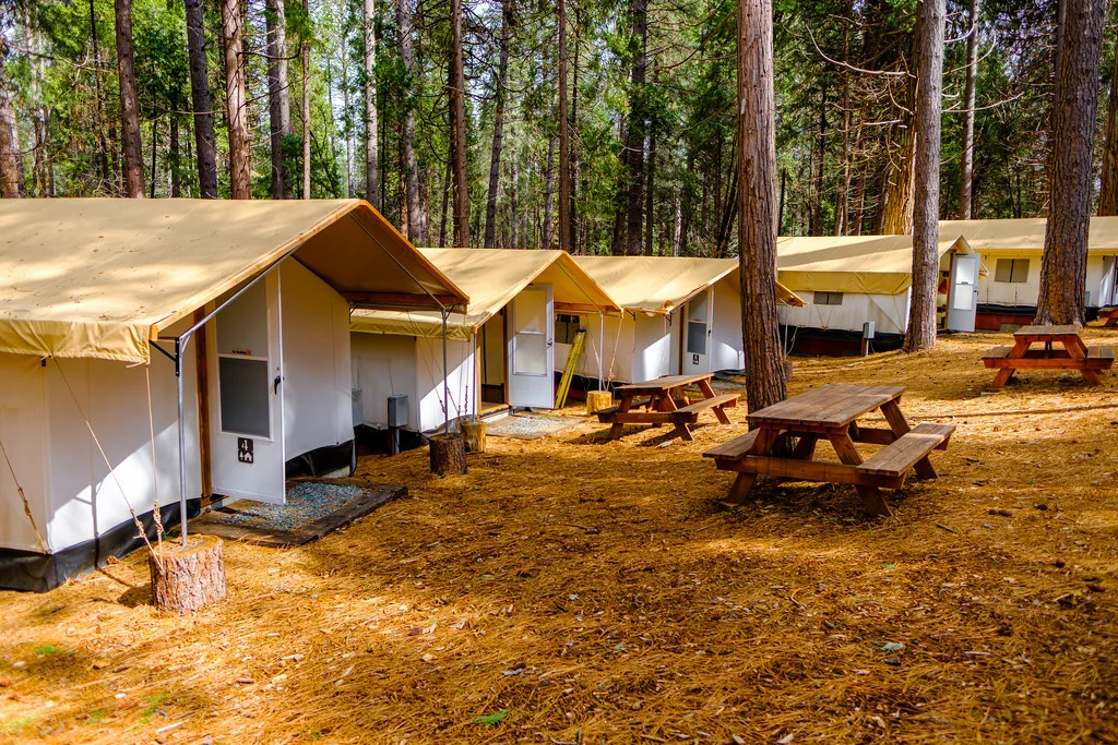 Across from the tents are bathroom and shower facilities. 