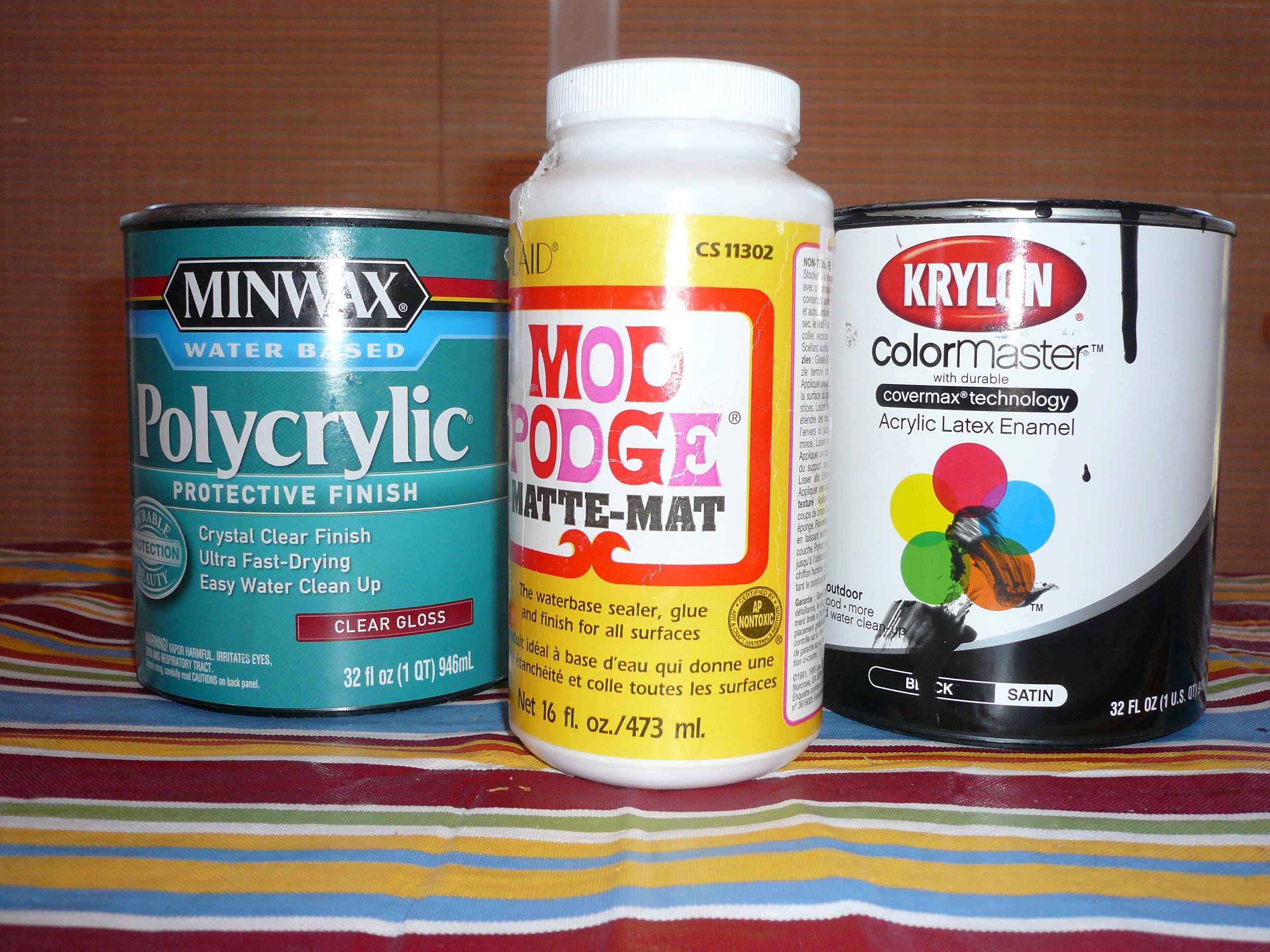 Used 4 coats of Krylon Colormaster black acrylic enamel, 5 coats of Mod Podge and 3 coats of Minwax Polycrylic clear gloss protective finish . . .