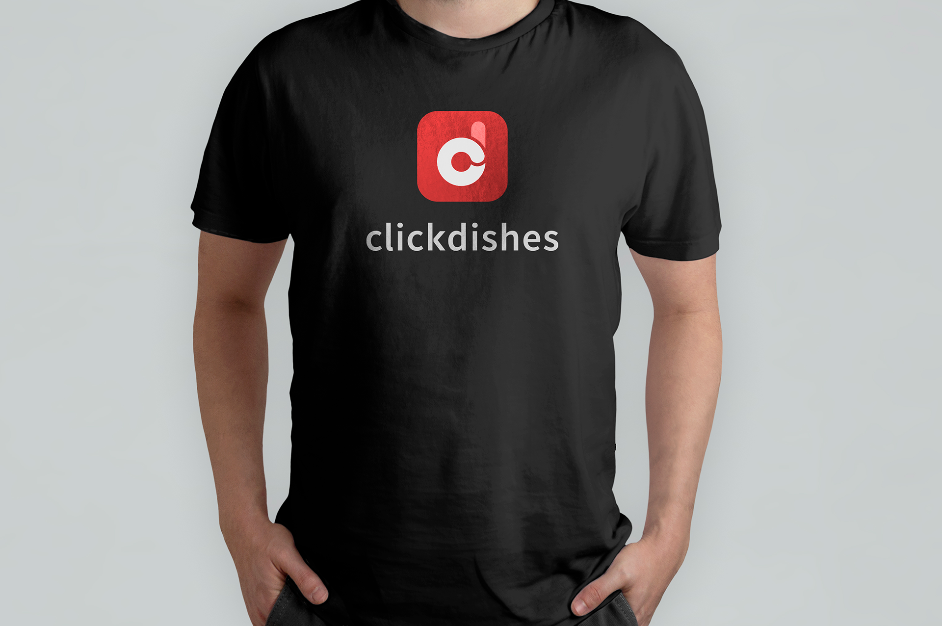 ClickDishes isolated-black-t-shirt-model-front-view.png