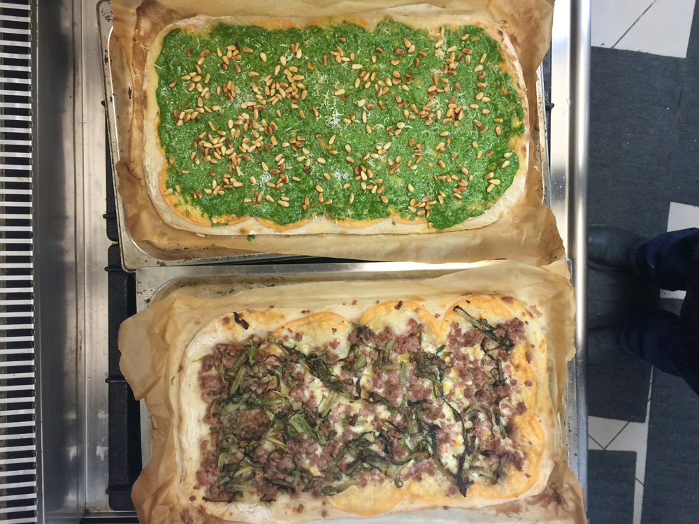 pesto pizza (inspired by Pauline's Pizza in San Francisco) and sausage pizza